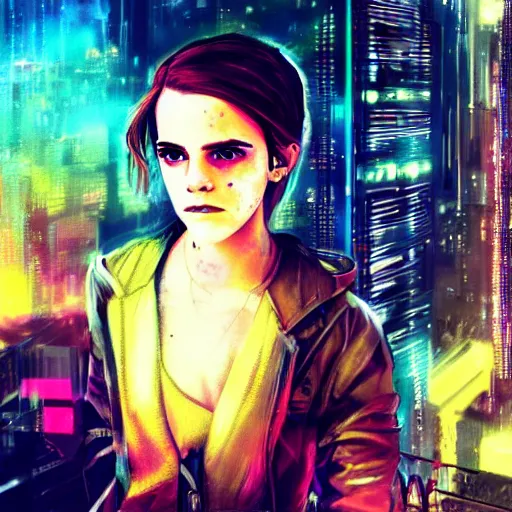 Prompt: emma watson cyberpunk art