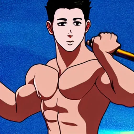 Image similar to still of nick jonas with a very muscular!!!!! body type, anime art, anime style