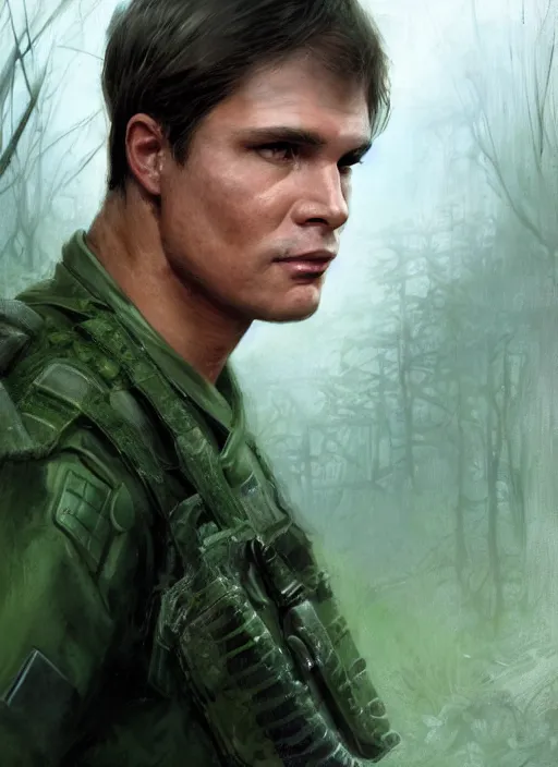 Image similar to portrait of a young richard dean anderson wearing a green combat uniform, in a post appocalyptic city overgrown by plants, by stanley artgerm lau, by wlop, by luis royo, by greg rutkowski, cover illustration, concept art, volumetric lighting, volumetric atmosphere, sharp focus, octane render, trending on artstation, 8 k