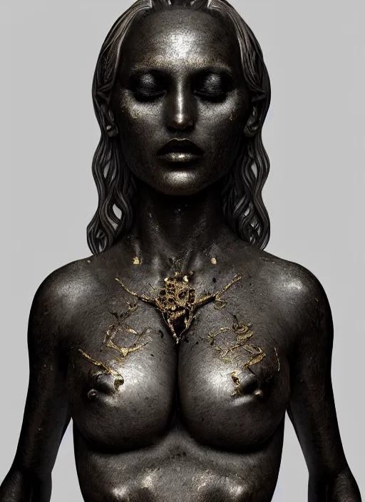 Image similar to a statue made of a gorgeous devil woman, made of black marble with gold veins, perfect symmetrical face, no eyes, hyper realistic, hyper detailed, fujicolor superia photo, by johannen voss, by peter kemp, by monia merlo, by michelangelo, octane render, blender, 8 k