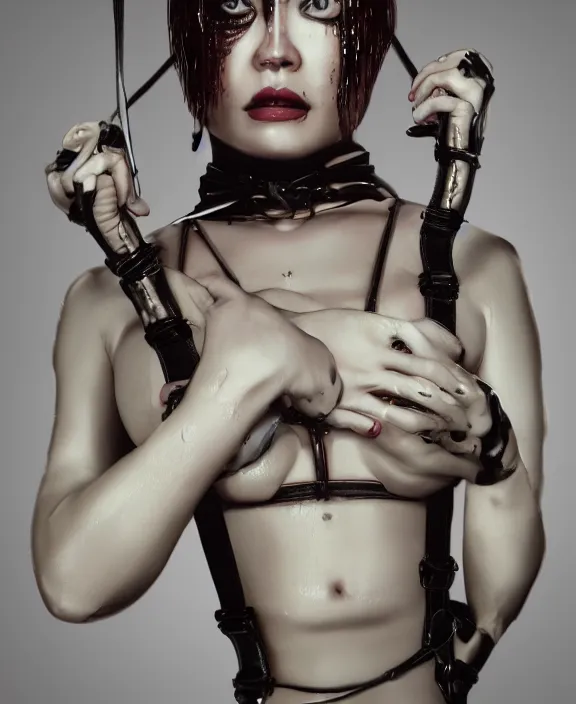 Image similar to a highly detailed portrait, intricate wet latex suspenders, spider gag, honey birdette, shibari, realistic portrait, deep focus, matte, digital painting, artstation, concept art, smooth, sharp focus, cinematic lighting, art by artger and nobuyoshi araki and bianca beauchamp