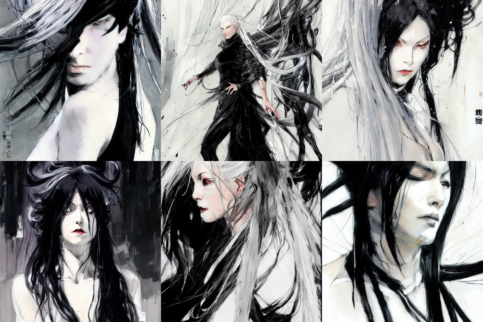 Prompt: Woman dressing black and long white hair by Wadim Kashin and Takehiko Inoue