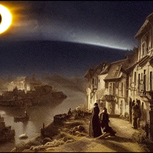 Image similar to dark solar eclipse, above a village, highly detailed, studio 4 k quality, by vittorio matteo corcos