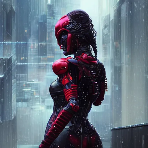 Prompt: An realistic epic fantastic comic book style portrait painting of a female cyber ninja by WLOP trending on arstation, black and reddish color armor, cyberpunk feel raining at tokyo rooftop, Concept world Art, unreal 5, DAZ, hyperrealistic, octane render, cosplay, RPG portrait, dramatic lighting, rom lights