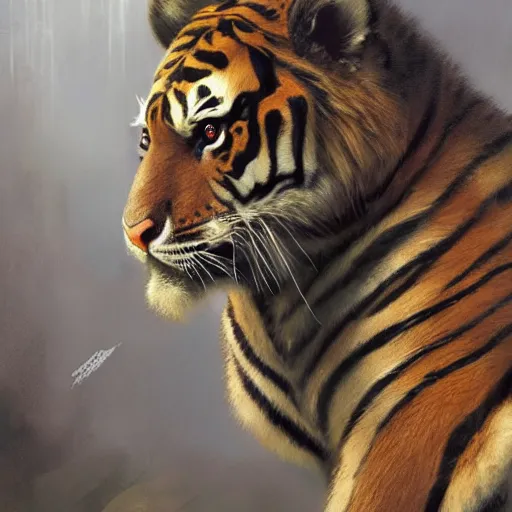 Image similar to a aesthetic award winning commission portrait of a fit anthro tiger wearing military uniform,digital art,art by greg rutkowski,art germ,charles bowater,trevor henderson,detailed beautfiul face,photorealistoc,hyperdetailed,dramatic,artstation,deviantart,professional lighting,western comic art,clean lineart