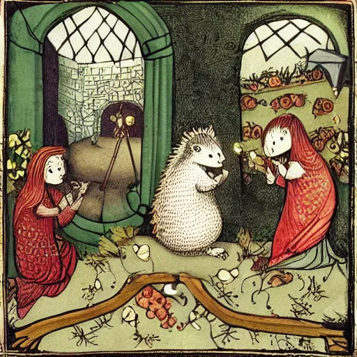 Prompt: hedgehog wedding, medieval book illustration , stunning masterpiece