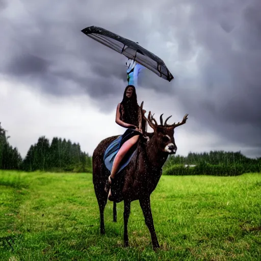 Image similar to 4 k hdr wide angle detailed portrait of a beautiful instagram model woman showering riding mounted on top of a wild deer in a rain shower during a storm with thunder clouds overhead and moody stormy lighting sony a 7