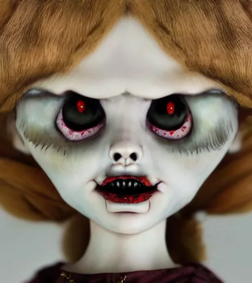 Prompt: annabelle character design a porcelain dolls demon, detailed creepy face and eyes, fairybox background