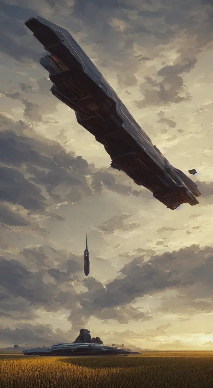 Prompt: wide shot of a tall and thin monolithic spaceship hovering in the air 6 feet above a cornfield, late afternoon, golden hour, highly detailed, smooth, sharp focus, concept art by greg rutkowski and stanley lau and syd mead