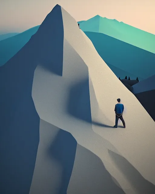 Image similar to a man standing in the middle of a mountain, a low poly render by filip hodas, behance contest winner, environmental art, rendered in cinema 4 d, volumetric lighting, low poly