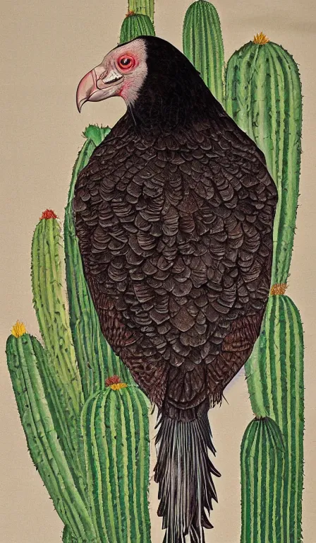 Image similar to turkey vulture on cactus by Shen Quan , hanging scroll, ink and colours on silk