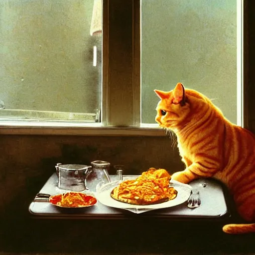 Prompt: fat orange tabby cat eating lasagna on a table, afternoon, norman rockwell, neighborhood outside window