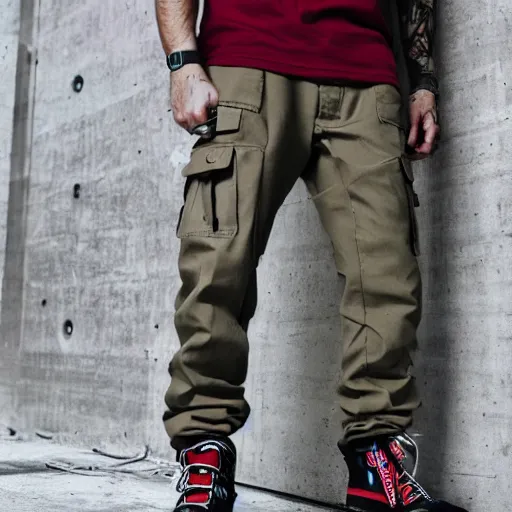 Prompt: cargo pants clothing tagged with graffiti letters