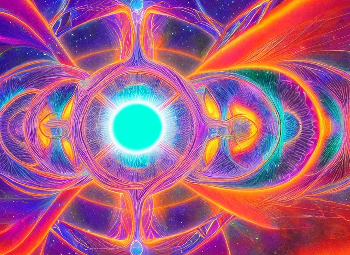 Image similar to ai transcendence into collaborative intelligence, connectedness, body, by alex grey, album cover, award winning, beautiful, colorful, volumetric lighting, trending on artstation