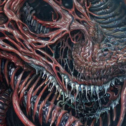 Image similar to Hyper detailed painting of a horrid eyeless biomechanical abomination covered in endless teeth as it devours The Void itself.