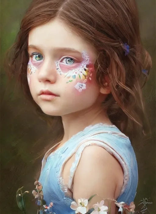 Image similar to a little girl with short wavy brown hair and blue eyes with her face painted. face painting of flowers. beautiful highly detailed face. painting by artgerm and greg rutkowski and raymond swanland.