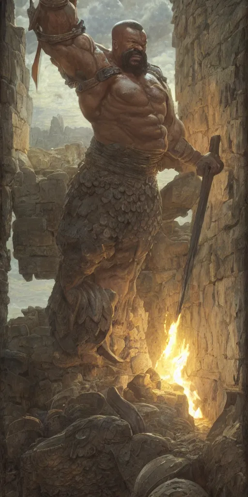 Image similar to jeffrey wright, blacksmith, huge and very muscular, hammer, dungeons and dragons, masterpiece by edgar maxence and ross tran and michael whelan, gustav dore, 8 k, octane render