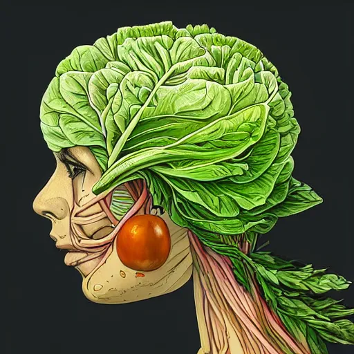 Image similar to the anatomy of a head of lettuce that looks like a pretty and handsome girl, an ultrafine detailed painting by james jean, intricate linework, bright colors, studio ghibli, behance contest winner, vanitas, angular, altermodern, unreal engine