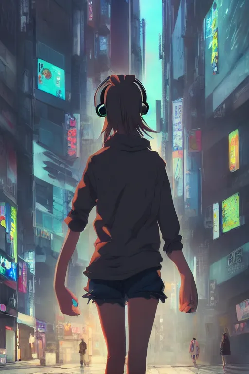 Prompt: anime teen with headphones walking at the streets of tokyo at dawn, wlop, concept art, digital painting, trending on artstation, highly detailed, epic composition, 8 k uhd