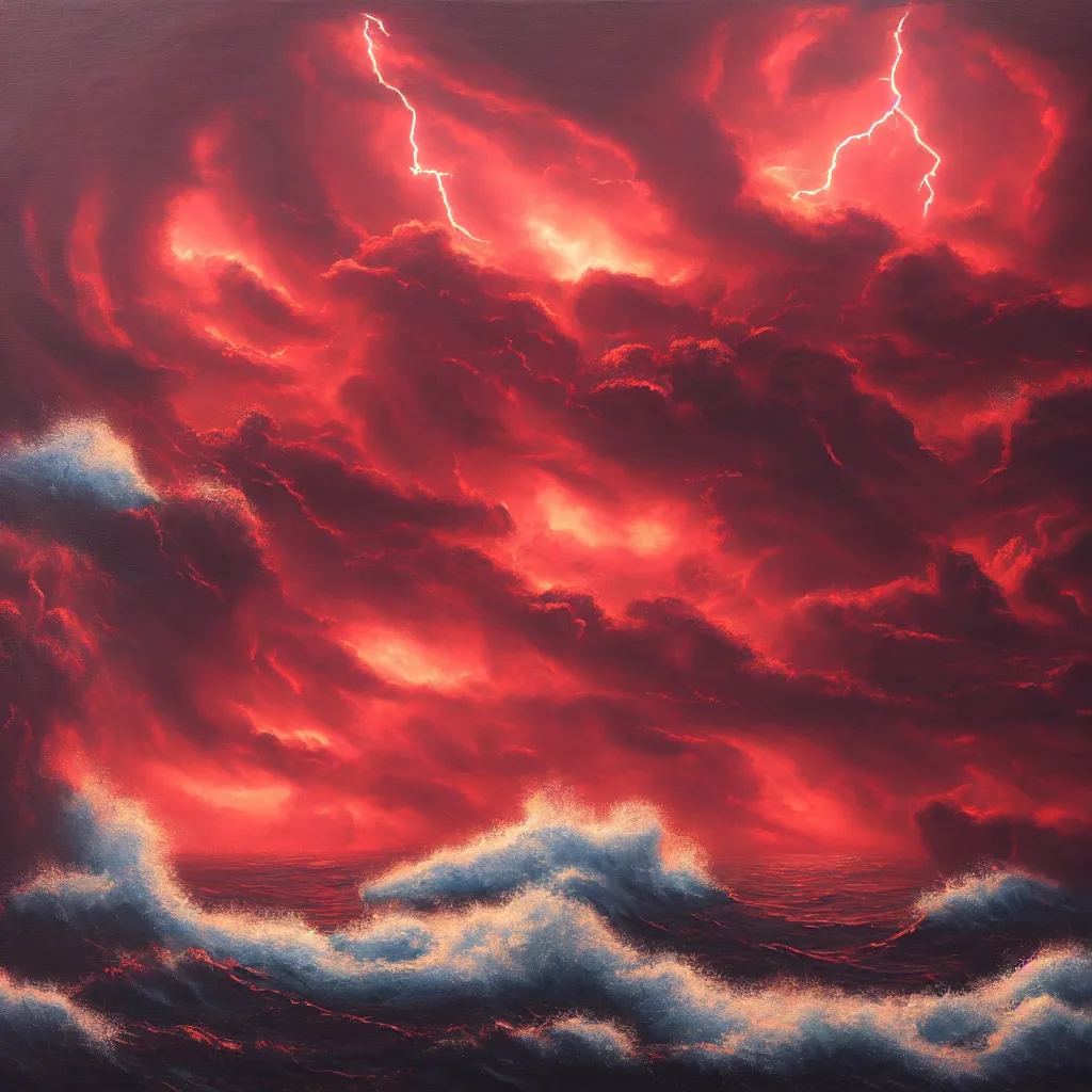 Prompt: a fantasy landscape. subject : giant dark red kraken, stormy sea, giant waves, lightning in the background, small boat, oil painting, 4 k