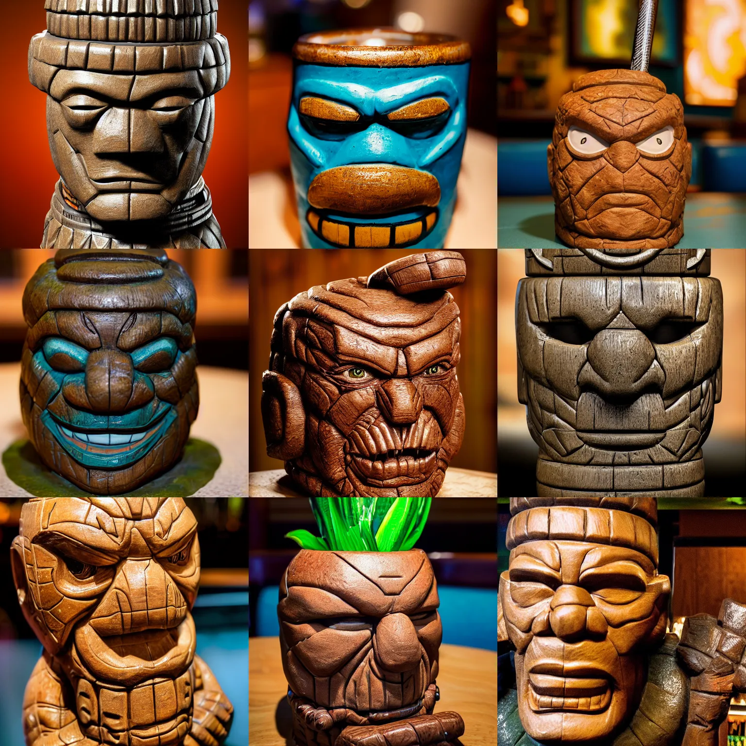 Image similar to a closeup photorealistic photograph of ben grimm's face on a tiki mug at trader vic's restaurant. fantastic four. tiki culture. bright scene. fine detail. this 4 k hd image is trending on artstation, featured on behance, well - rendered, extra crisp, features intricate detail, epic composition and the style of unreal engine.