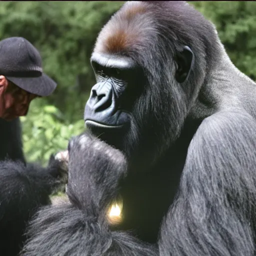 Image similar to A photo of Mike Ehrmantraut confronting a gorilla, cinematic lighting