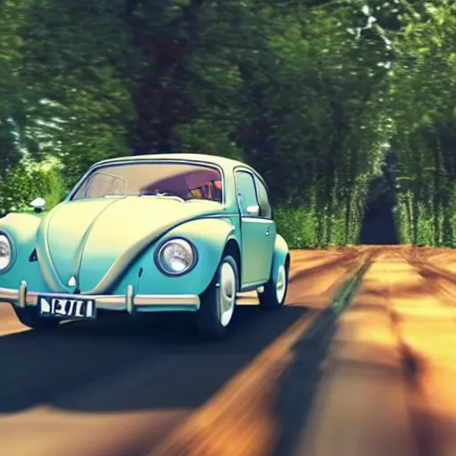 Prompt: promotion movie still of a ( volkswagen beatle ) car is a hybrid of an insect lady bug. the hybrid is racing down a dusty back road. cinematic, 4 k, imax, 7 0 mm