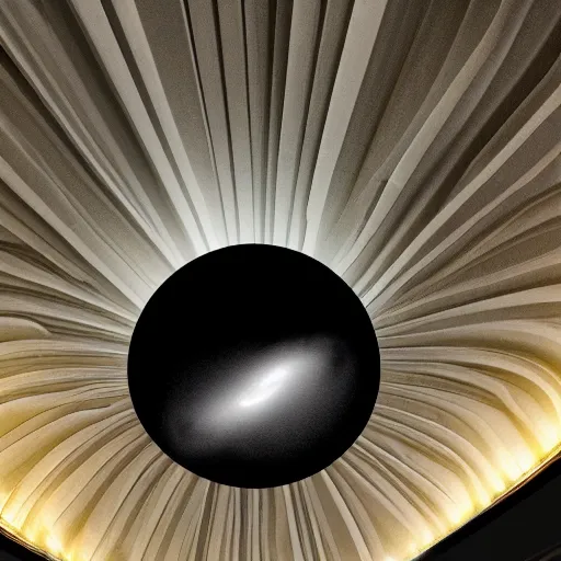 Prompt: supermassive black hole in the middle of a large hall sucking in all the furniture