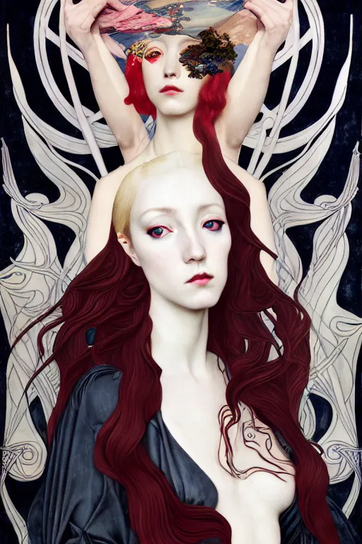 Image similar to a triad of winter muses, style blending æon flux, shepard fairey, botticelli, ivan bilibin, and john singer sargent, inspired by pre - raphaelites, shoujo manga, and harajuku fashion, stark landscape, muted dark colors, superfine inklines, ethereal, otherworldly, 4 k photorealistic, arnold render