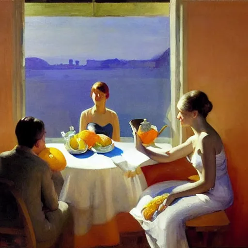 Prompt: oil painting of young lovers in shabby room by the river, with teapot and cups and bowl of oranges on table, and view through window of ship on river, by edward hopper, by frank mccarthy