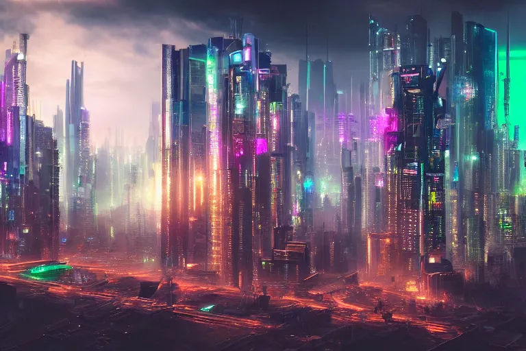 Prompt: photograph of a cyberpunk city by marc adamus, futuristic, hd, 8 k, trending on pexels, detailed shot, sharp focus