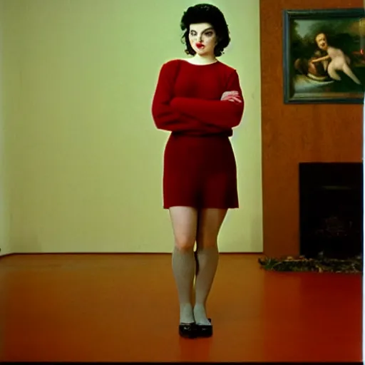 Image similar to sherilynn fenn in a red sweater standing in a room, a renaissance painting by leonard daniels, trending on tumblr, de stijl, aesthetic, 1 9 9 0 s, pixel perfect