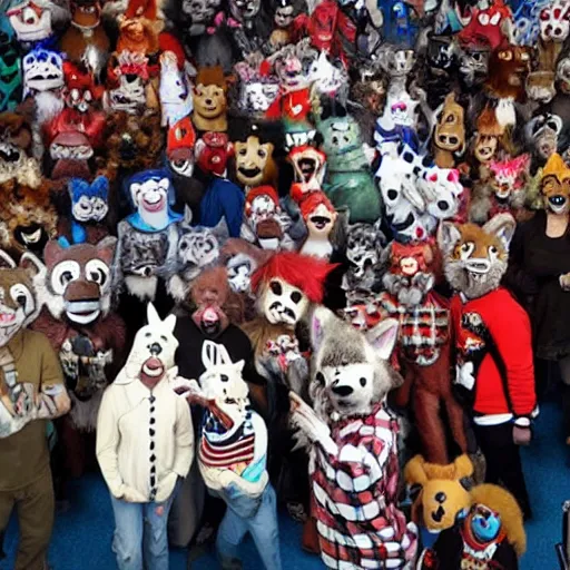 Prompt: where's waldo at a furry convention