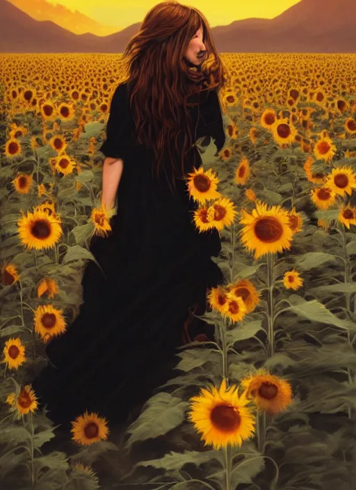 Image similar to oil painting portrait of a young woman with long dark flowing hair in a black dress, standing in a windy field of sunflowers at sunset with mountains in the background, hazy, digital art, chiaroscuro, artstation, cinematic, golden hour, digital art painting by greg rutkowski, bouguereau, 7 0 s japanese book art, hazy atmosphere, flowers, cinematic lighting