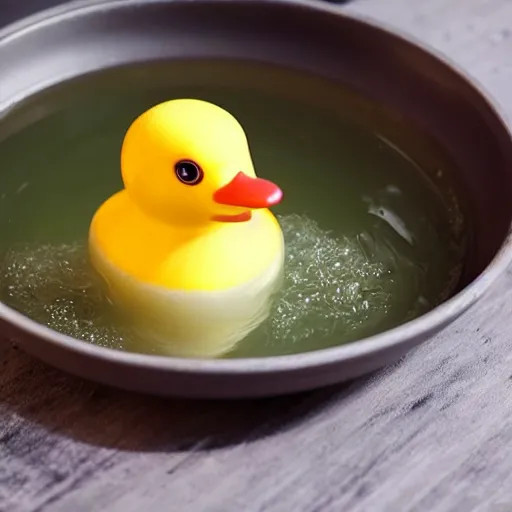 Prompt: a cup of green tea with a rubber duck bathing inside it