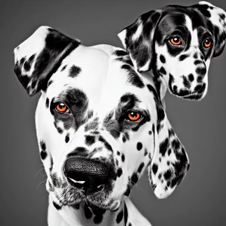 Image similar to vogue photoshoot octane render of dalmatian dog with white background, focus bright, very short depth of field, bokeh