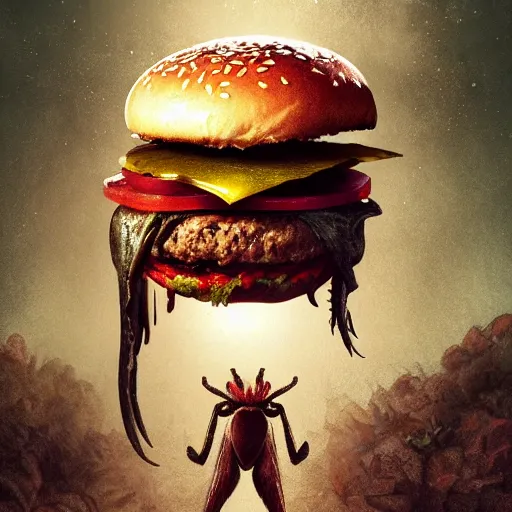 Prompt: an hamburger filled with a giant spider anf other insects. concept art illustration, hyperrealistic, color page, 4 k, tone mapping, doll, akihiko yoshida, james jean, andrei riabovitchev, marc simonetti, yoshitaka amano, digital illustration, greg rutowski, volumetric lighting, sunbeams, particles