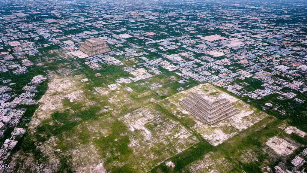 Prompt: remarkable airplane view of the ancient mayan city of chichen-itza in yucatan which once held a million cultivated people and was graced by a huge sacred temple