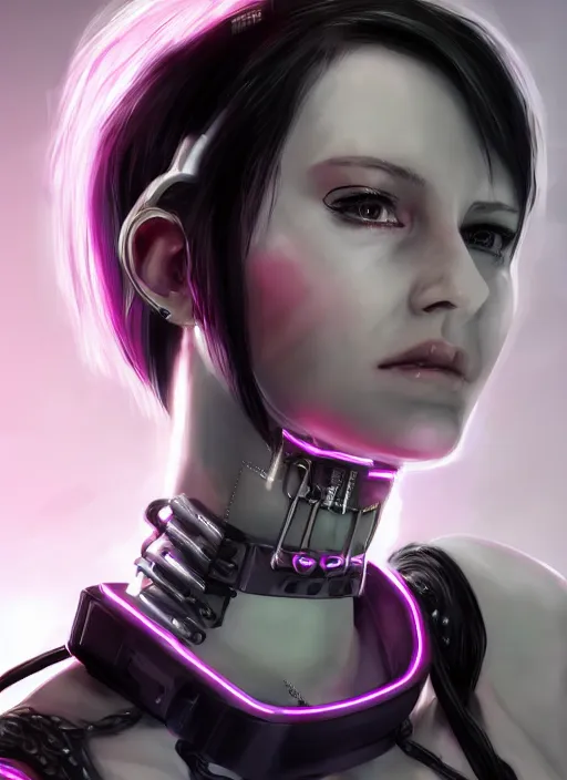 Image similar to detailed realistic female character cyberpunk wearing thick technological collar around neck, realistic, art, beautiful, 4K, collar, choker, collar around neck, punk, artstation, detailed, female, woman, choker, cyberpunk, neon, neon, punk, collar, choker around neck, collar around neck,