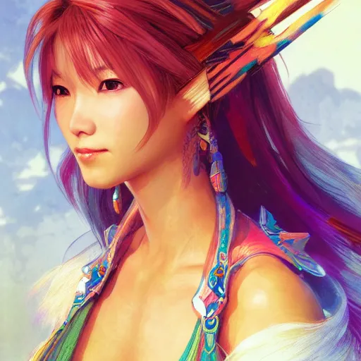 Image similar to a head and shoulders portrait of Yuna from Final Fantasy X, neon, retro, smooth, sharp focus, intricate, artstation, detailed concept art by Rutkowski and Mucha and sky sewa and Marc Simonetti