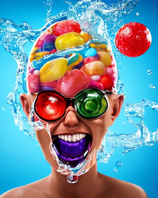 Prompt: a funny sculpture of a squashed human head wrapped in funny stuff and sweets on ocean water, funny face, brain, giant bubbles, juicy jelly, realistic water splashes, water art, vibrant, in the style of mike campau, cg render, ray tracing, 8 k resolution, sharp