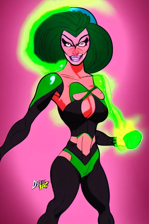 Image similar to toxic terri, a supervillainess with mutagenic powers, glowing energy effects, full color digital illustration in the style of don bluth, artgerm, artstation trending, 5 k