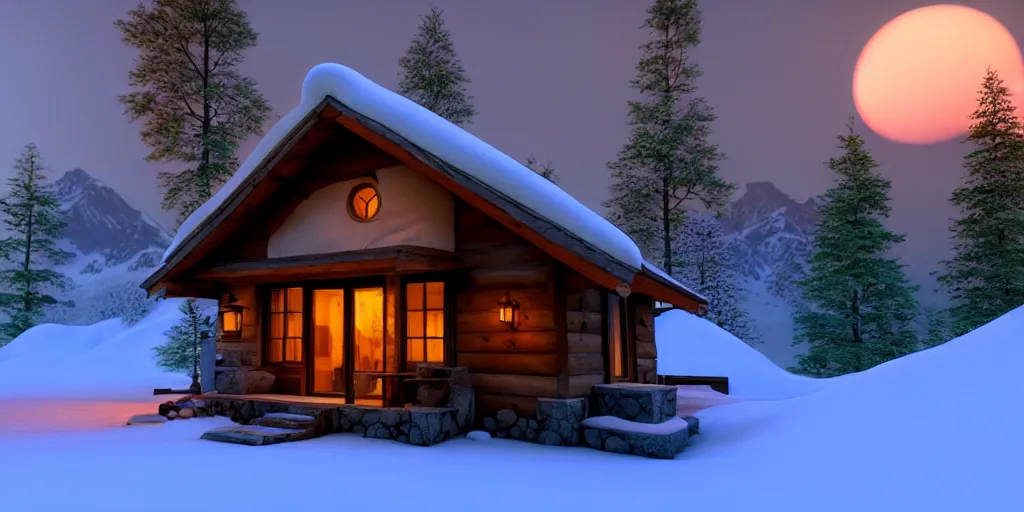 Prompt: a cozy little house in the woods, snowy mountains in the background relaxing, 3 d concept art by phillip urlich, chill, relaxing, peaceful, sunset, extremely detailed art, unreal engine 5, hyper realism