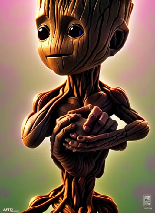 Prompt: cute baby groot, natural lighting, path traced, highly detailed, high quality, digital painting, by don bluth and ross tran and studio ghibli and alphonse mucha, artgerm