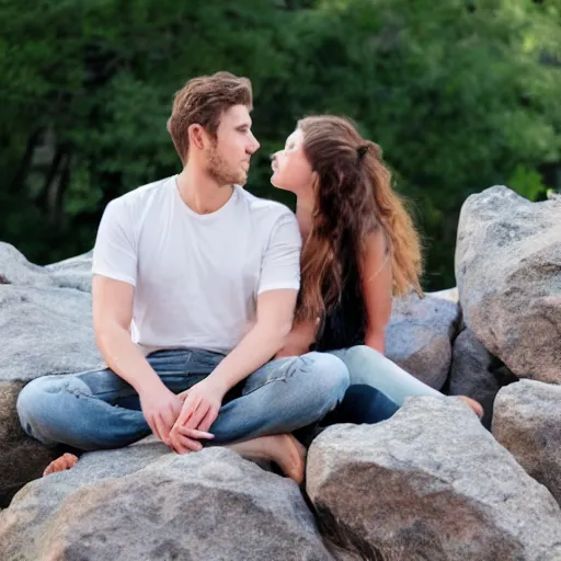 Image similar to boyfriend and girlfriend sitting together on a large square rock,