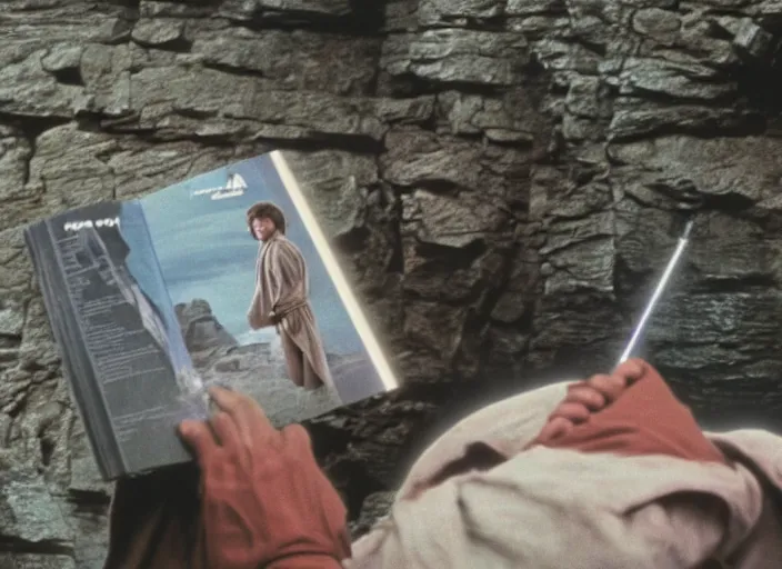 Image similar to screenshot of Luke Skywalker reading the ancient Jedi textbooks, outside on a rocky jedi temple, famous scene from the force awkaens, 1980s film directed by Stanley Kubrick cinematic lighting, moody cinematography, with anamorphic lenses, crisp, detailed portrait, 4k image