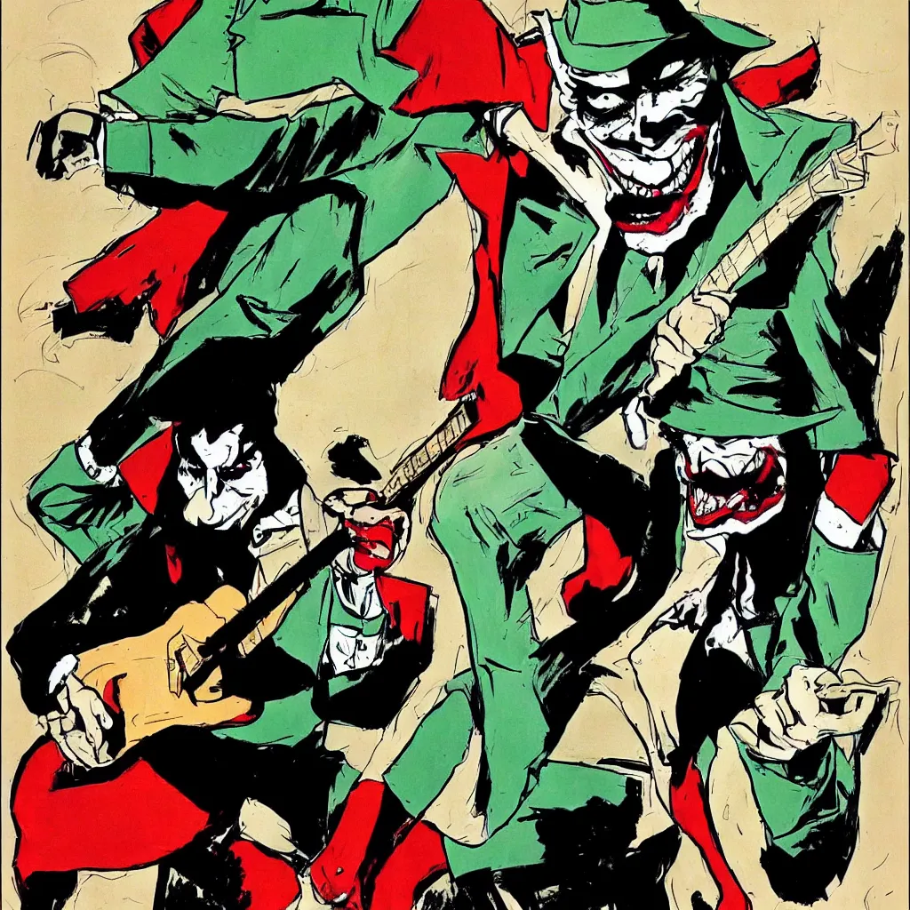 Image similar to joker playing guitar, by frank miller, comic