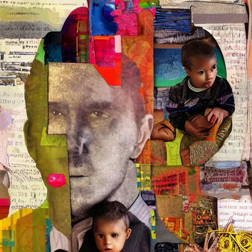 Prompt: maximalist mixed media collage of a father with child.