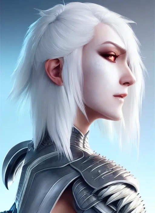 Image similar to fur - lined armor!!! beautiful and elegant white haired female!! gorgeous ayes!! character concept art, sharp focus, octane render! unreal engine 5! highly rendered!! trending on artstation!! detailed linework!! illustration by artgerm, wlop and sakimichan