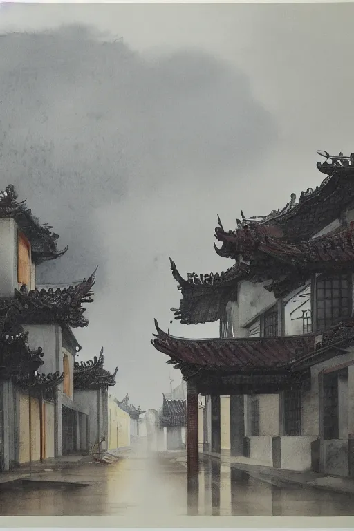 Image similar to A watercolor of Wukang Mansion, a deserted street after rain, cloudy overcast sky, poignant, high contrast of light and dark, smooth, by Joseph Zbikowicz, 8k